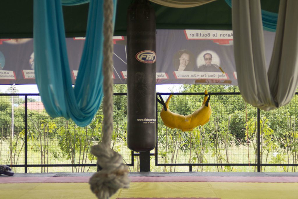 yoga fly banners hanging at Tree Roots Retreat Rayong