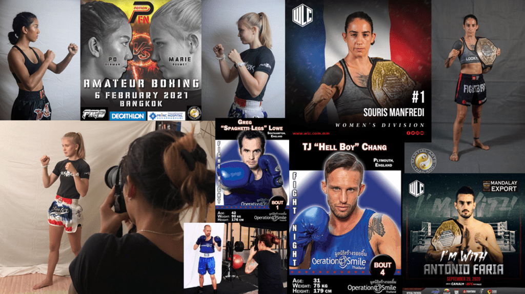 Photo profile picture service collage of different fighters during photoshooting with final graphic posters and jobs done, with Marie Ruumet, Souris Manfredi, TJ Hellboy Chang, Antonio Faria, Po Denman. Services for World Lethwei Championship WLC, Operation Smile Thailand, Potion Fight Night.