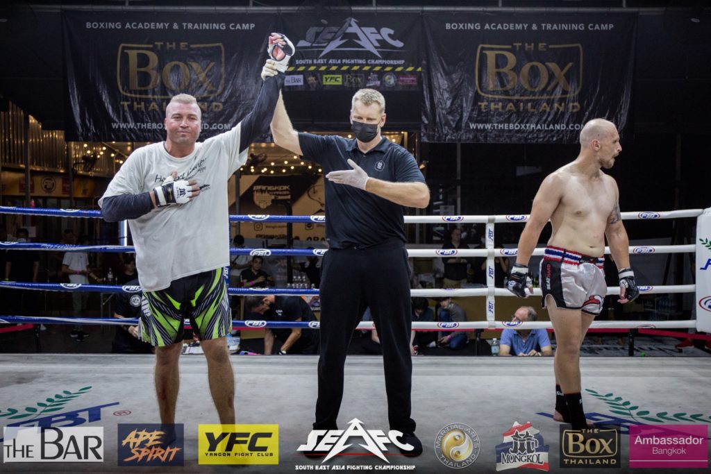 Daniel Dörrer declared winner hand raised by the referee at SEAFC 3 Unfinished Business in Bangkok Ambassador Hotel